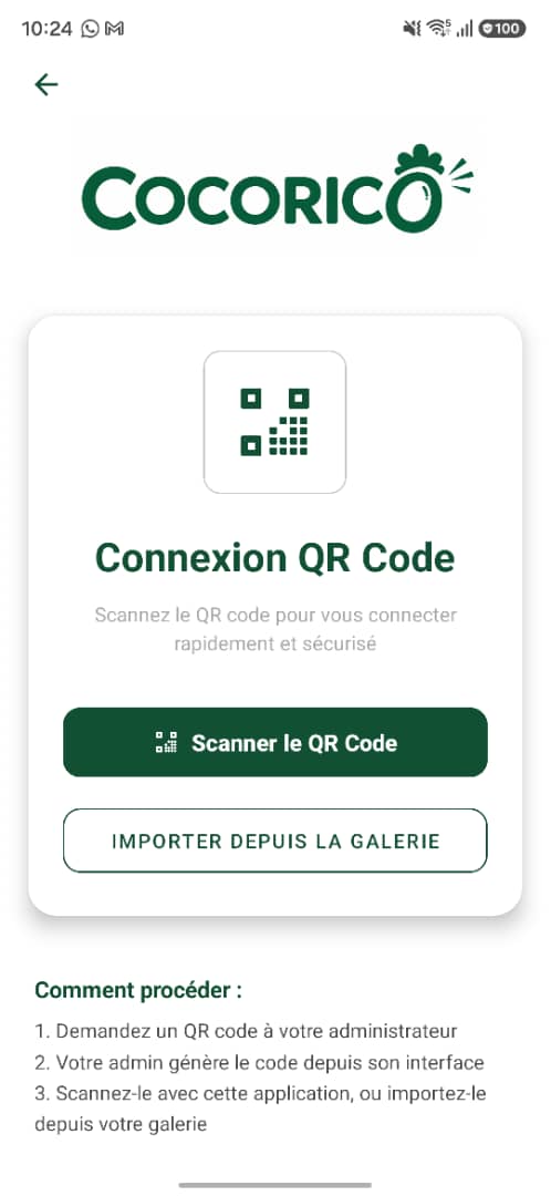 Écran Connexion QR code de l'application mobile Cocorico