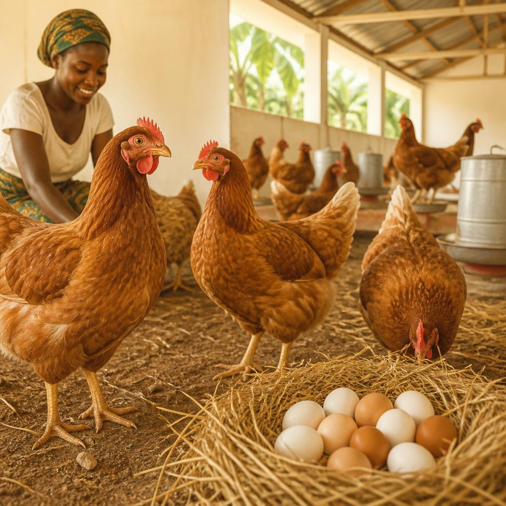 Poules et œufs dans un poulailler