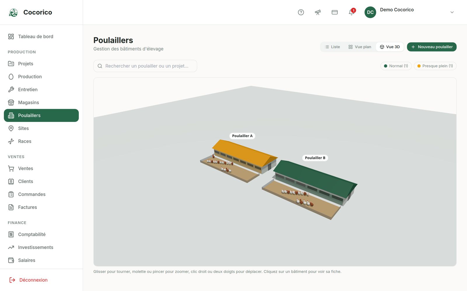 Écran Poulaillers en 3D de l'application web Cocorico