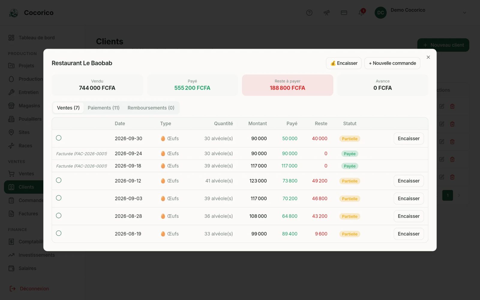 Écran Fiche client de l'application web Cocorico