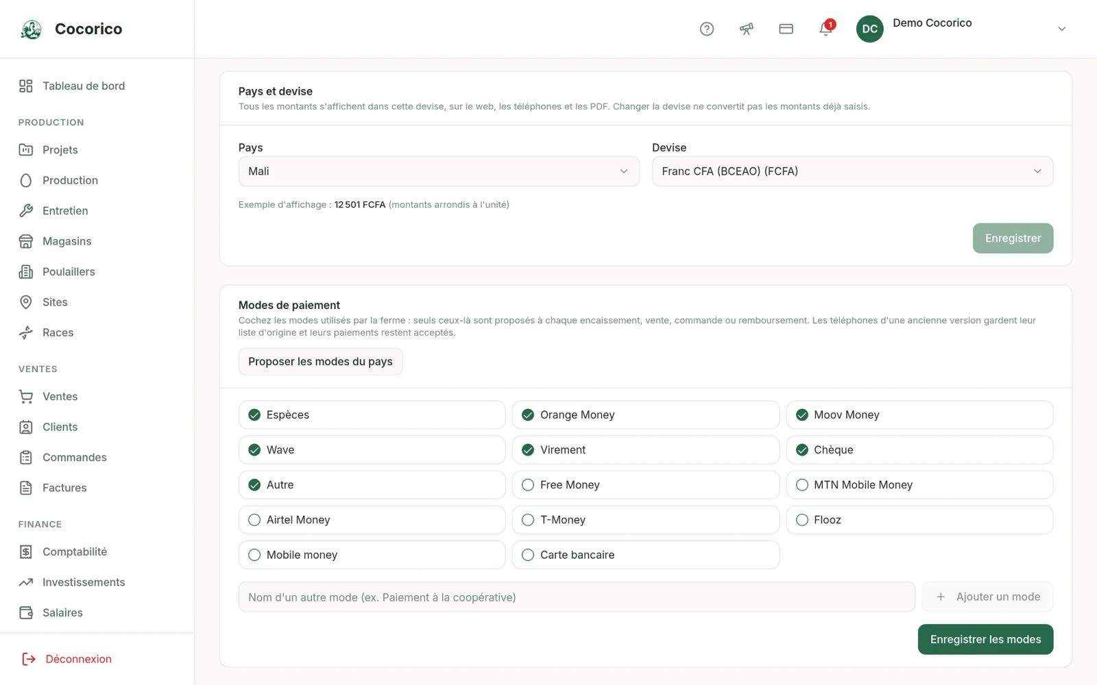 Écran Pays, devise et paiements de l'application web Cocorico